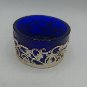 Vintage Cobalt Blue Glass Bowl with Silver Overlay 3.5" Wide